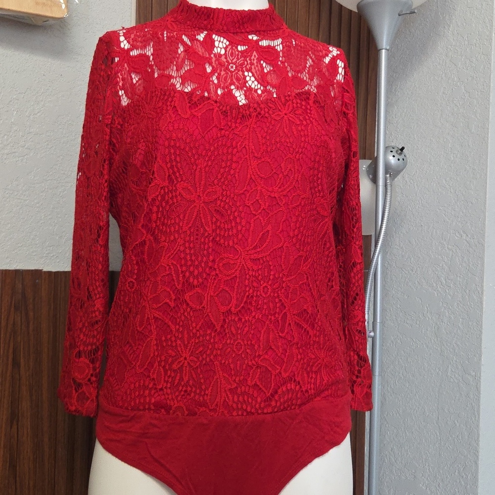 Takara Red Lace Long Sleeve Bodysuit – Size L – Women’s Top [1013]